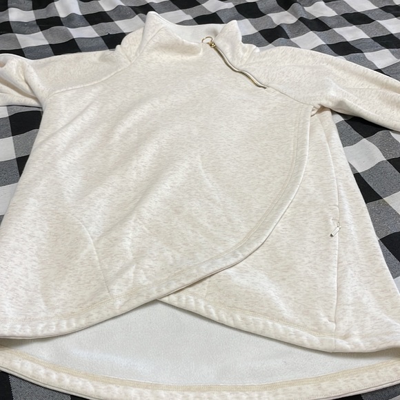 Athleta Cozy Karma Asymmetric Fleece Mock Neck Funnel Pullover Oatmeal Heather - Picture 7 of 16